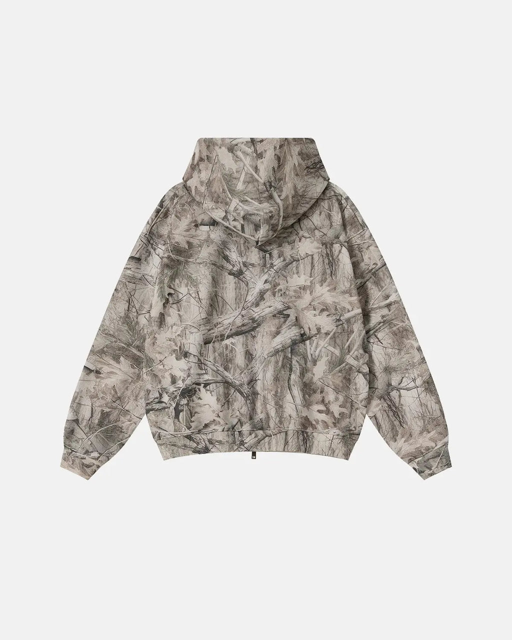 Flation Realtree camo zip-up hoodie with front pockets, hood, and camouflage pattern, casual streetwear style.