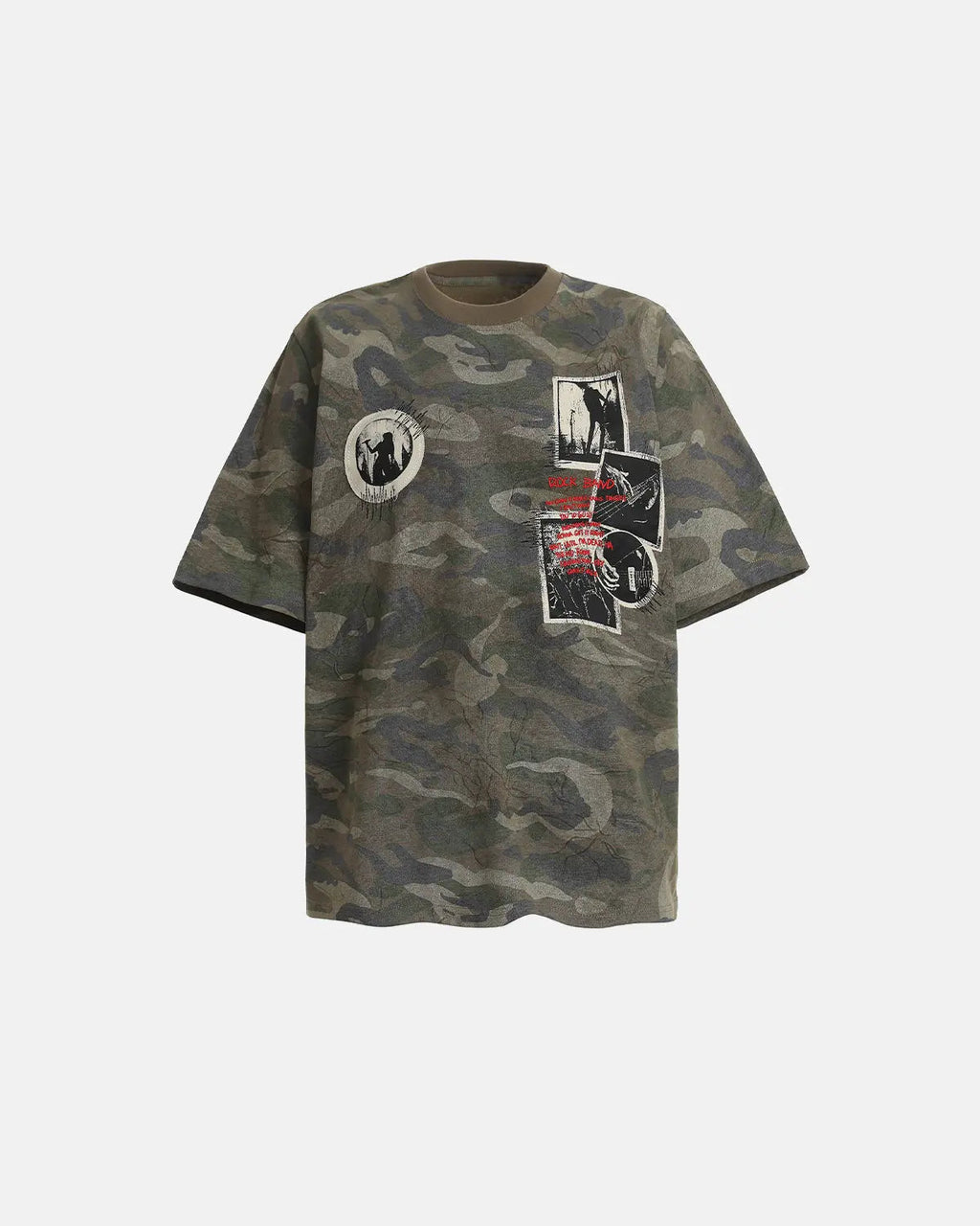 Vintage camo patch graphic T-shirt by Flation Streetwear, featuring camouflage pattern and bold patch design on front.