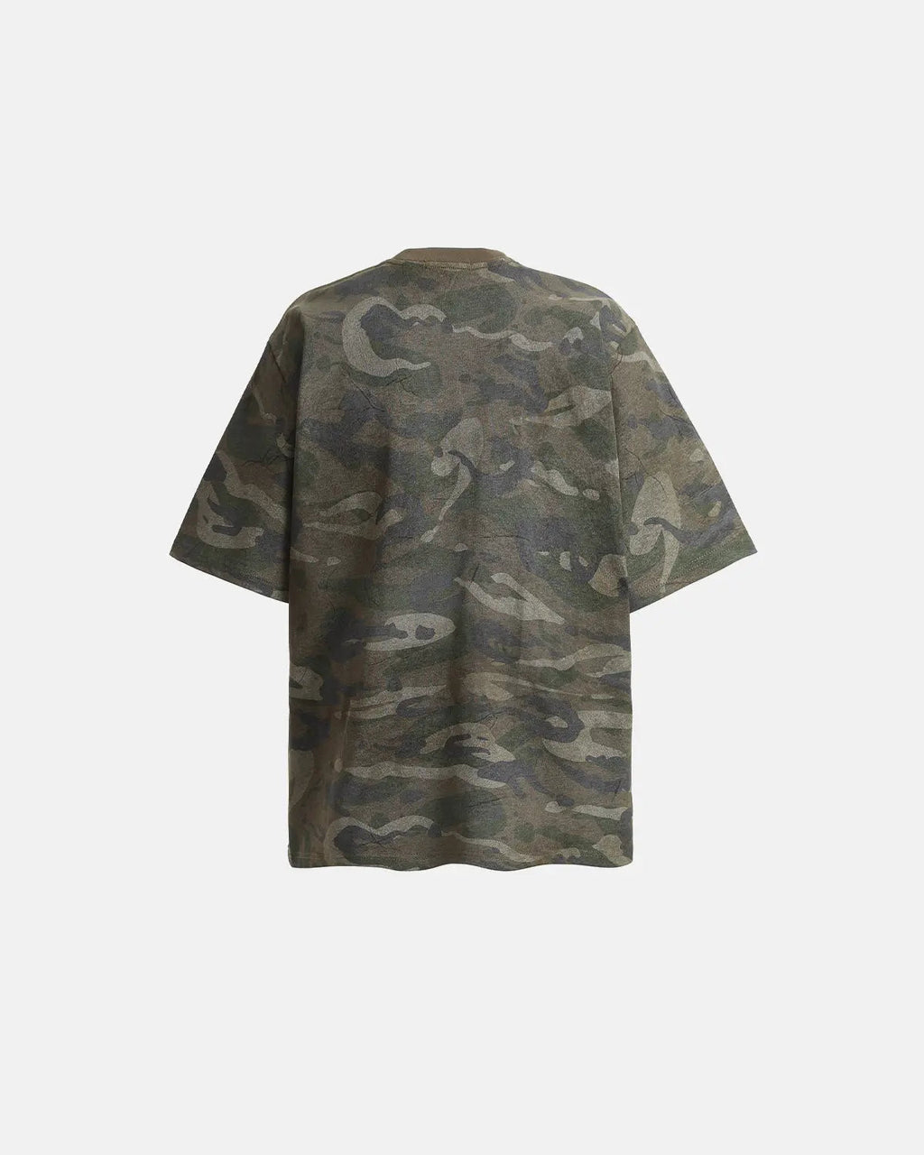 Vintage camouflage graphic T-shirt by Flation featuring a patch design, casual streetwear style in a relaxed fit.