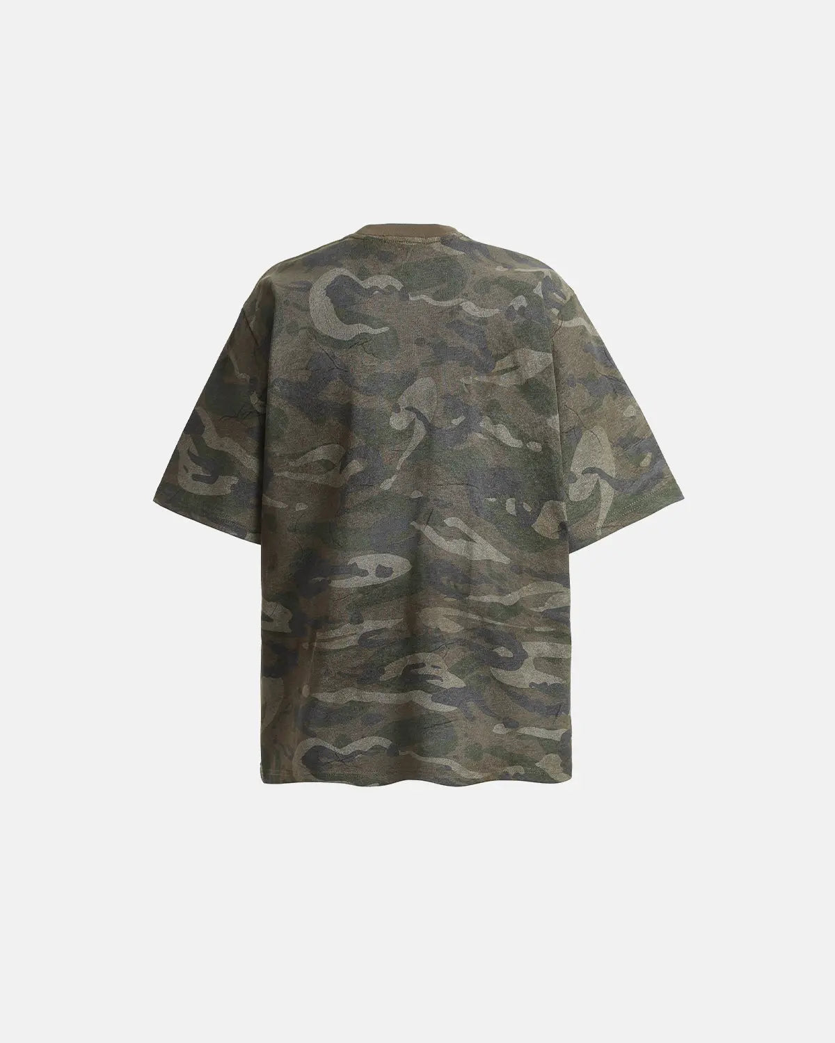 Vintage camouflage graphic T-shirt by Flation featuring a patch design, casual streetwear style in a relaxed fit.