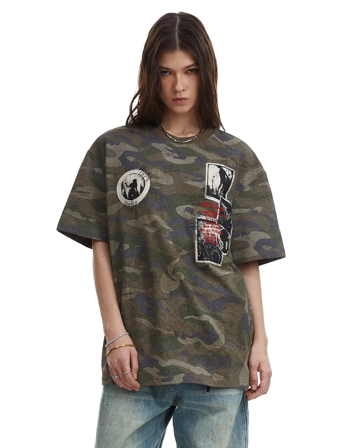 Vintage camo patch graphic T-shirt by Flation Streetwear, featuring a bold camo print and urban street style design.