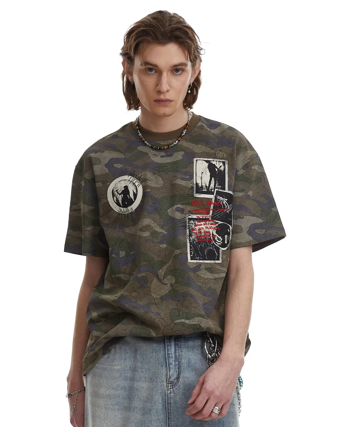 Vintage camo patch graphic T-shirt by Flation featuring a bold camo design and streetwear style, shown on a mannequin.