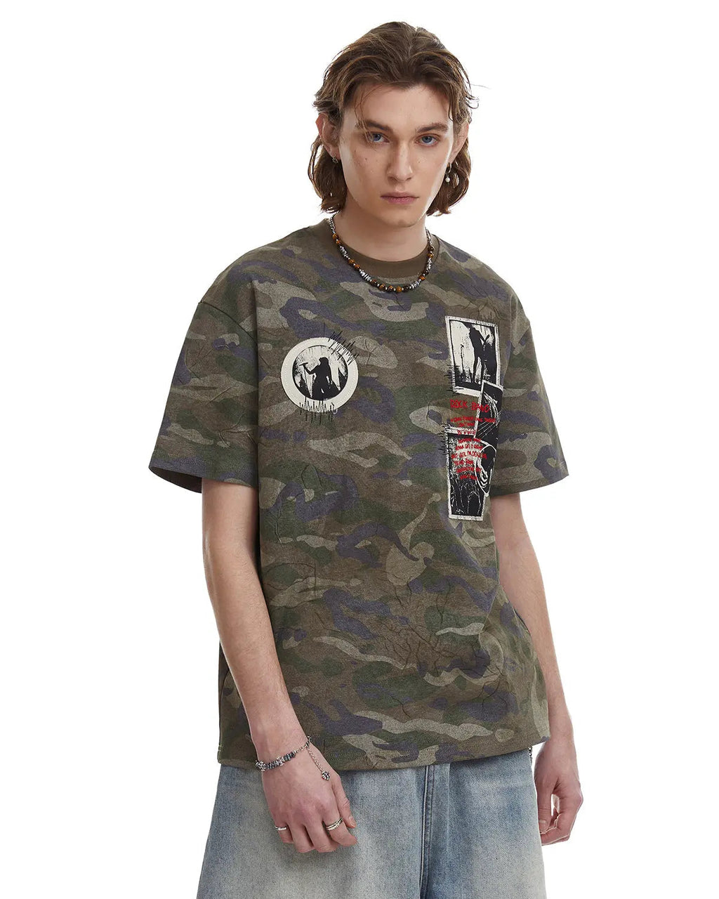 Vintage camo patch graphic T-shirt by Flation featuring a bold camouflage design and streetwear style.