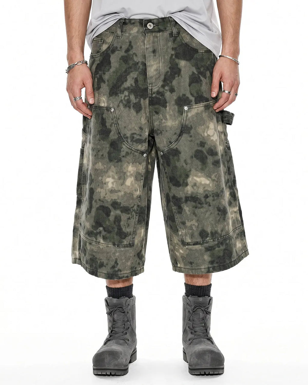 Washed camo cargo longline shorts by Flation, casual streetwear shorts with a relaxed fit and camo pattern.