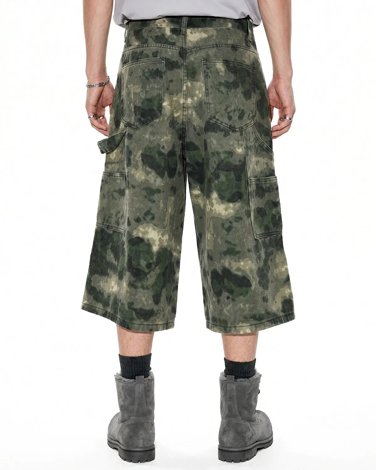 Washed camo cargo longline shorts by Flation Streetwear, featuring a relaxed fit and tactical design with multiple pockets.