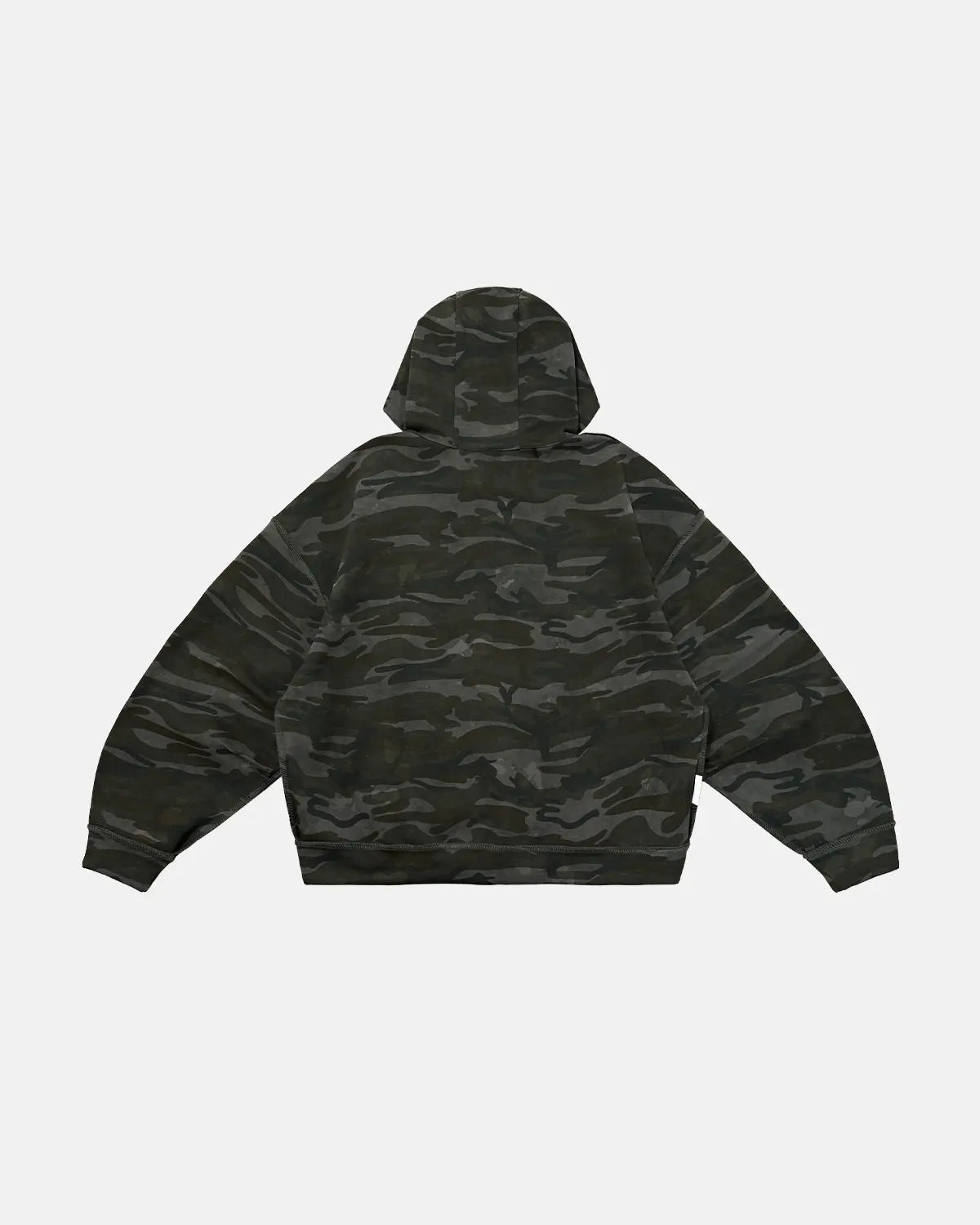 Camo reversible zip-up jacket by Flation Streetwear, showing front and back with camouflage pattern and zip closure.