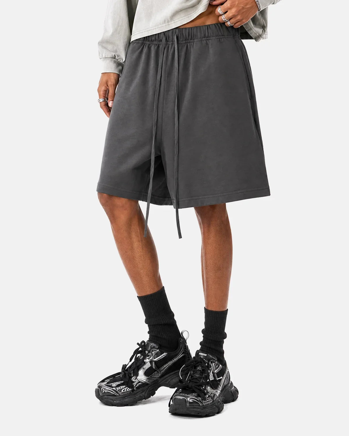 Charcoal grey Flation heavyweight drawstring sweat shorts with elastic waistband and relaxed fit, casual streetwear style.