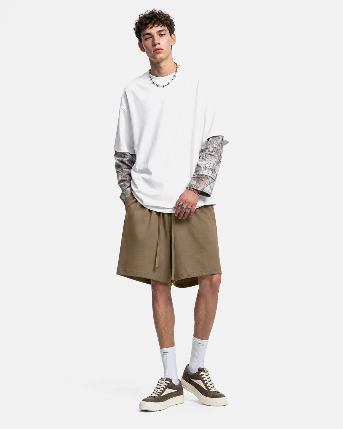 Charcoal grey heavyweight drawstring sweat shorts by Flation Streetwear, front view showing adjustable waistband and casual fit.