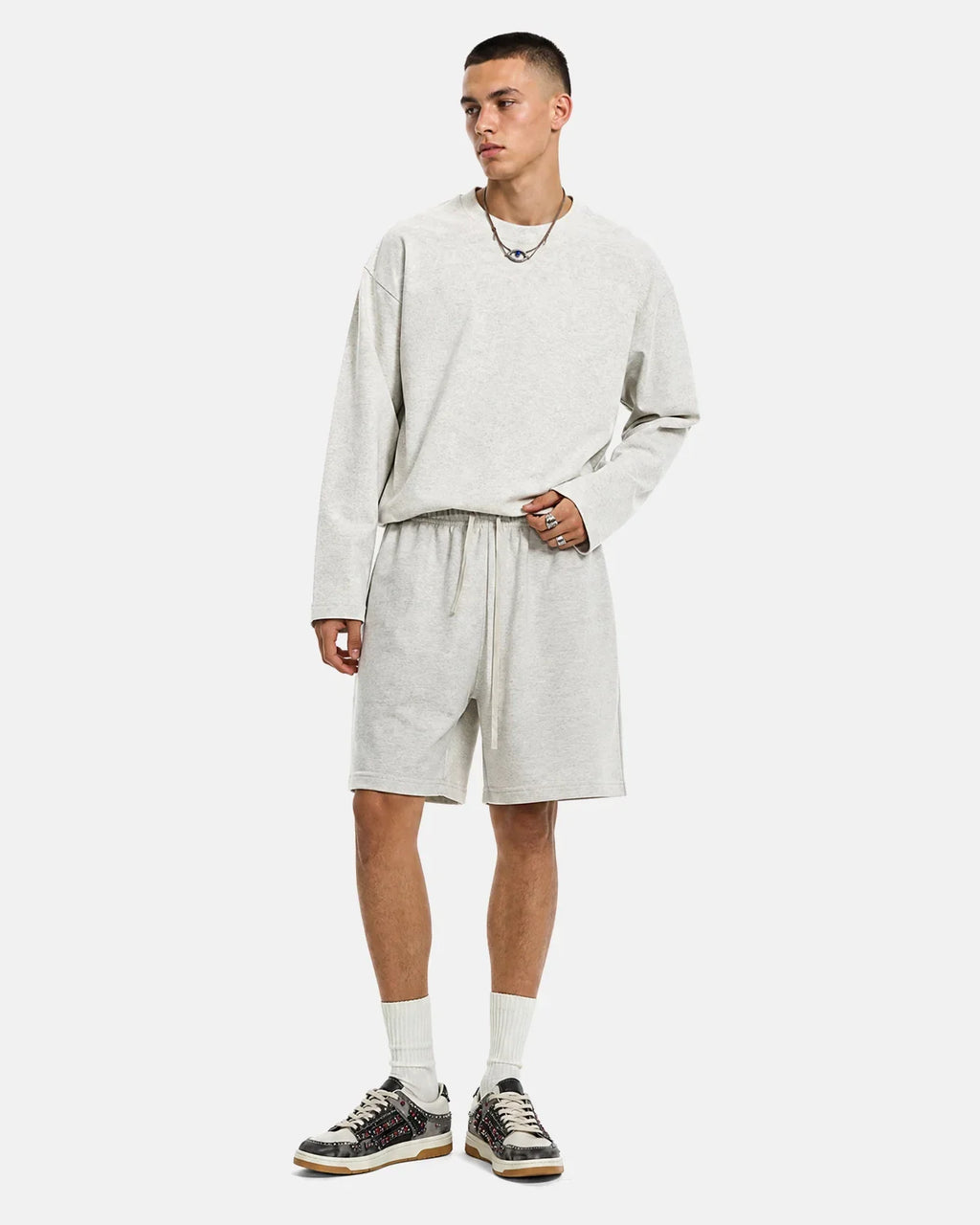 Charcoal grey heavyweight drawstring sweat shorts by Flation Streetwear, featuring a relaxed fit and casual style.