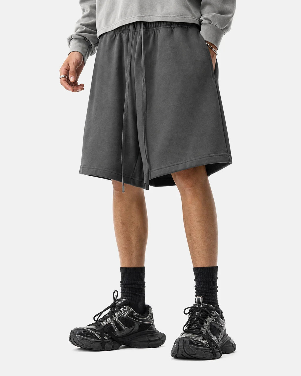 Charcoal grey heavyweight drawstring sweat shorts by Flation Streetwear, casual athletic style with elastic waistband and relaxed fit
