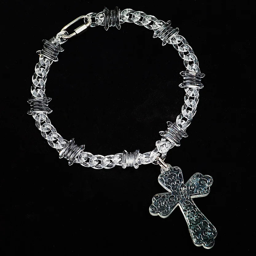 Flation Big Cross Pendant Bramble Chain Necklace with coffee beads, 48cm length, featuring a bold cross design.