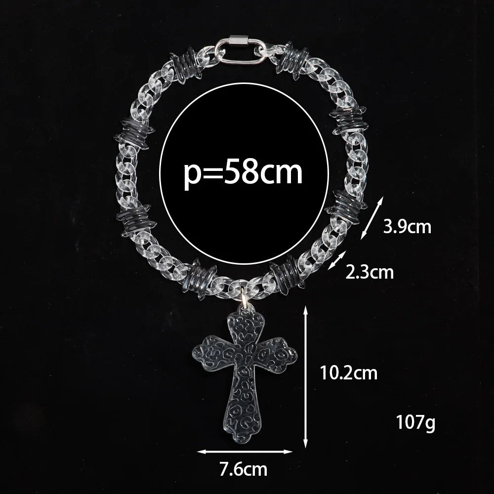 Flation Big Cross Pendant Bramble Chain Necklace with coffee beads, 48cm length, featuring a prominent cross pendant on a textured chain.