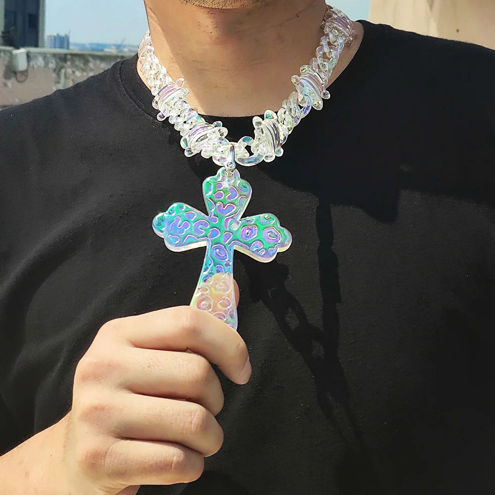 Flation Big Cross Pendant on bramble chain necklace, 48cm length, with coffee-colored beads and intricate design.