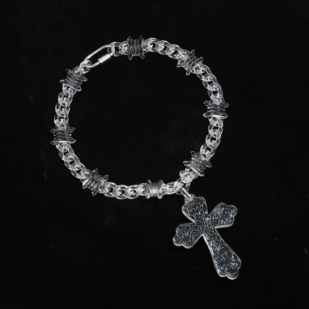 Flation Big Cross Pendant on Bramble Chain Necklace, 48cm, featuring a detailed cross design on a textured chain.