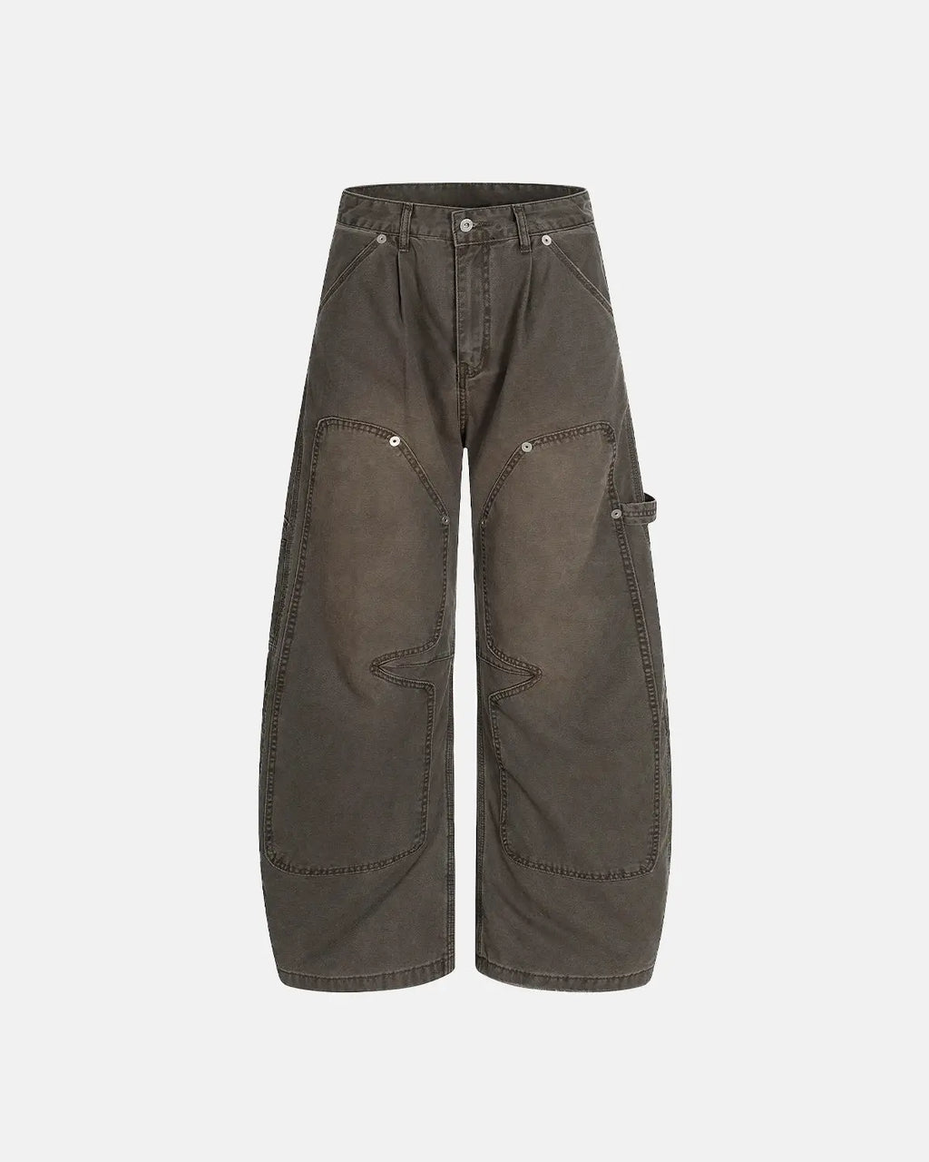 Light brown washed barrel cargo pants from Flation Streetwear, featuring relaxed fit and multiple side and back pockets.