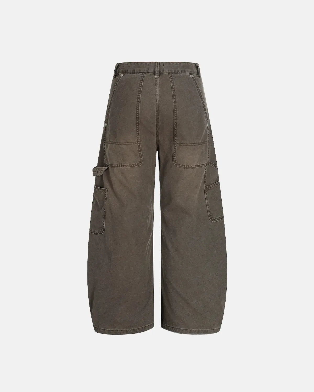 Coffee-colored Washed Barrel Cargo Pants by Flation Streetwear, showing relaxed fit with multiple cargo pockets and distressed details.