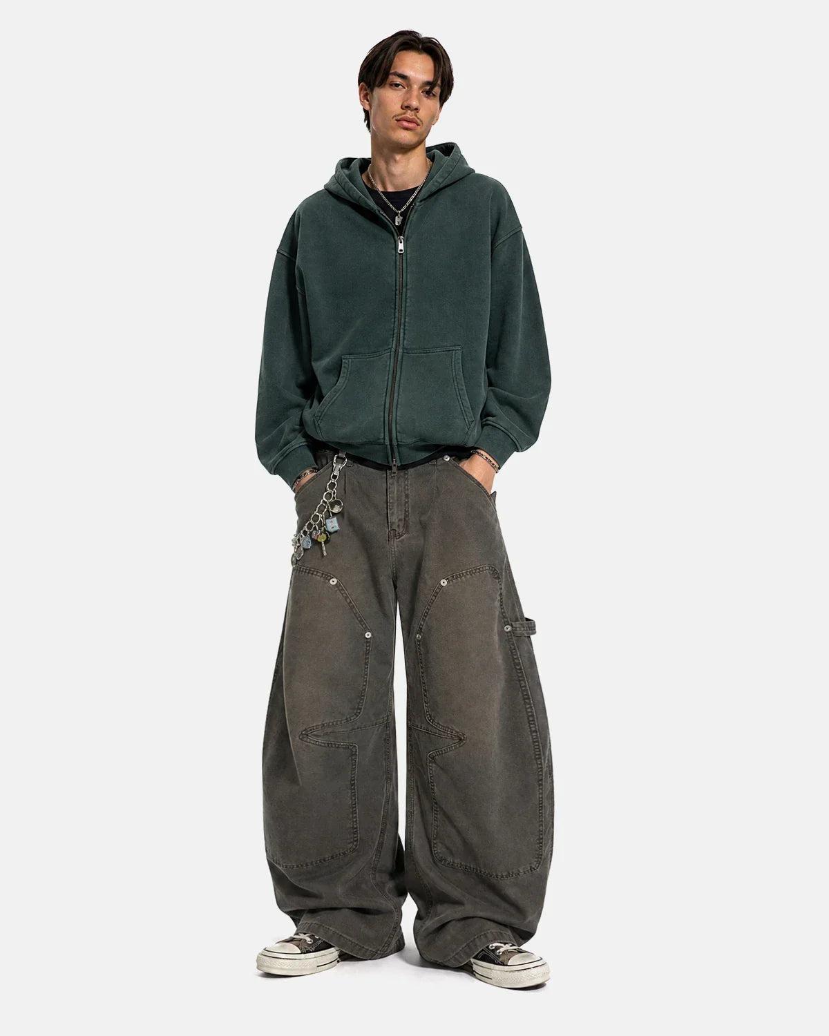 Coffee-colored washed barrel cargo pants by Flation Streetwear shown on a model, featuring relaxed fit and multiple utility pockets.