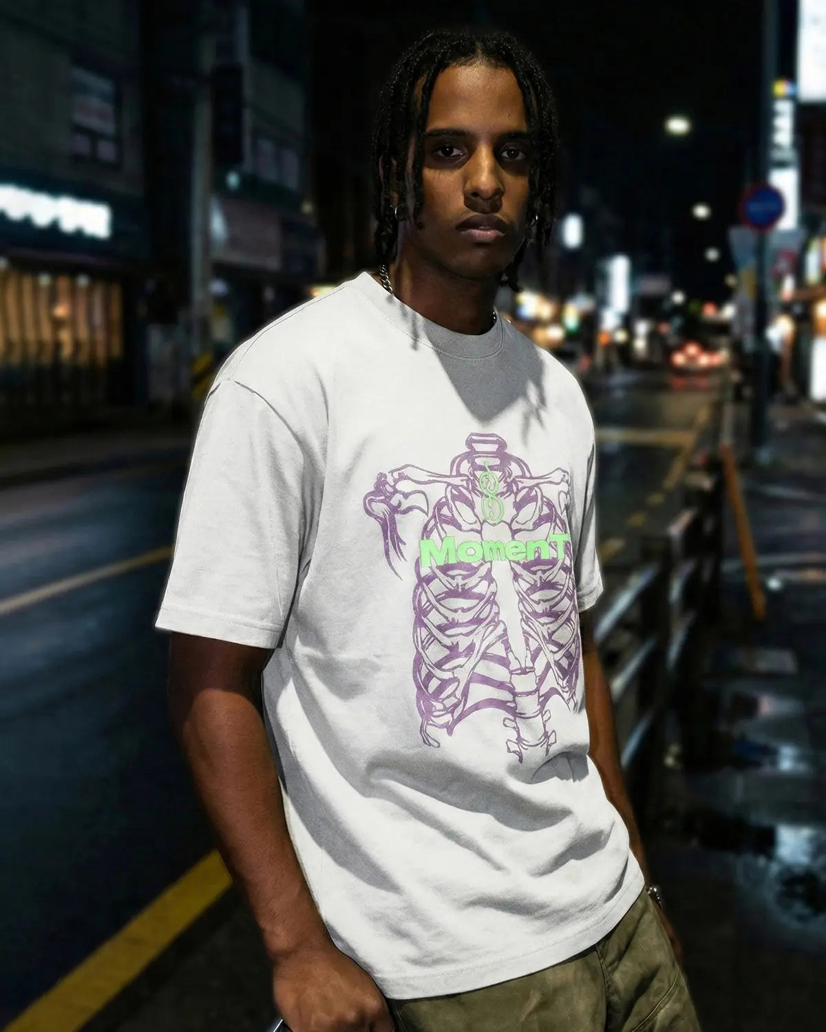 Cream-white Flation streetwear heavyweight T-shirt with bold dual-effect graphic design, casual and stylish for everyday wear.