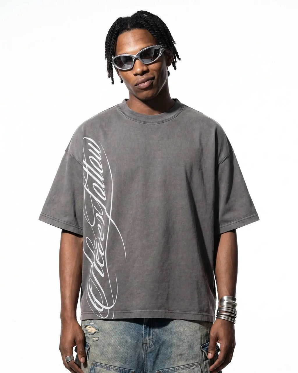 Dark grey Flation boxy script graphic washed T-shirt, casual streetwear style with bold front print and relaxed fit.