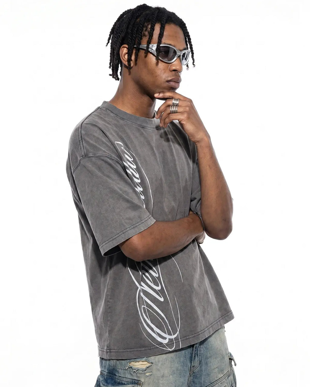 Dark grey Flation Boxy Script Graphic Washed T-Shirt with bold streetwear style and casual fit, featuring a prominent graphic print.