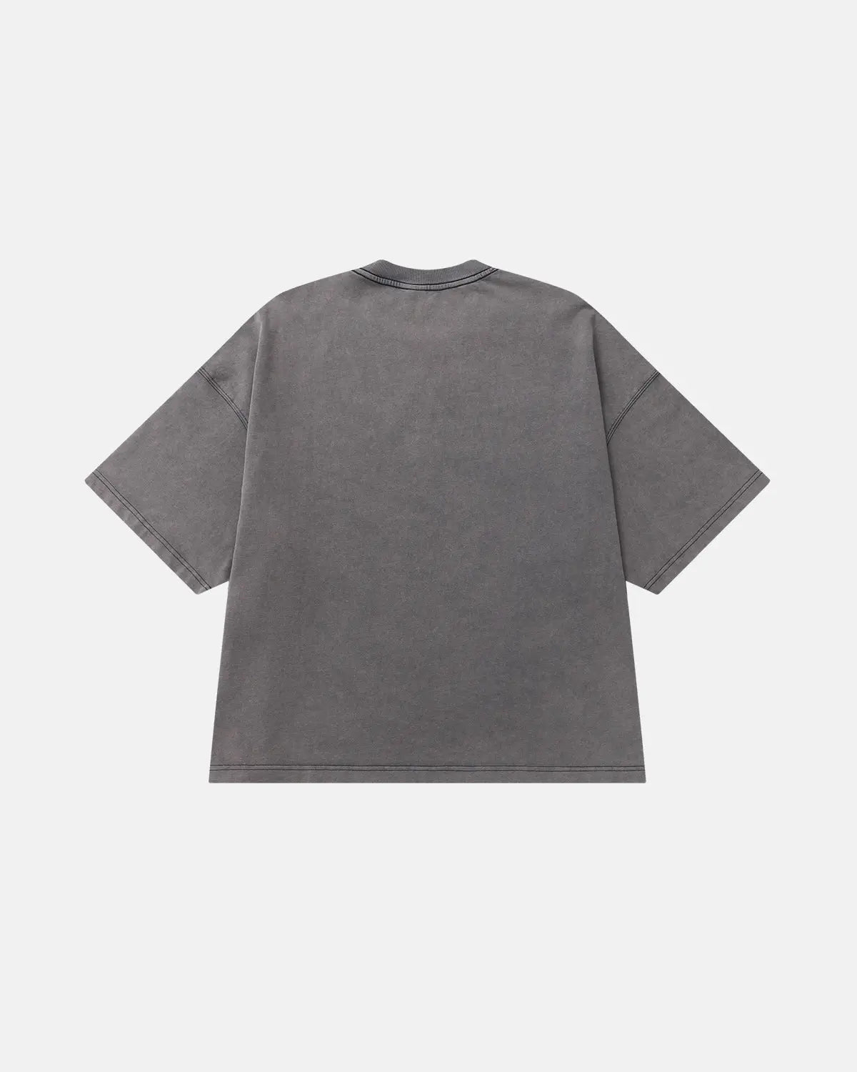 Dark grey Flation boxy script graphic washed T-shirt, streetwear style, with bold lettering on the front.