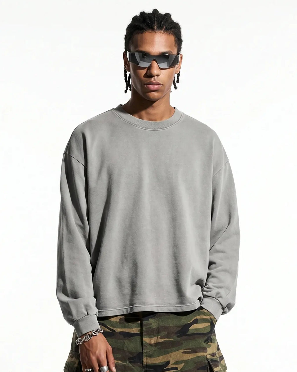 Distressed washed long sleeve tee by Flation, featuring a relaxed fit and vintage-inspired, faded fabric for a casual streetwear look.