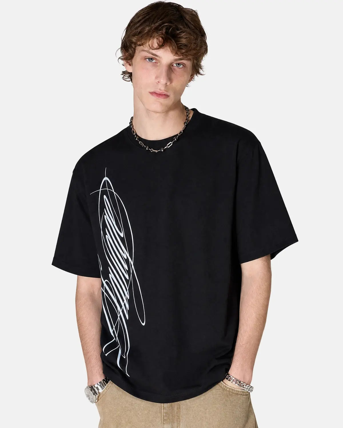 Inflation Streetwear script graphic oversized T-shirt in black, featuring bold white text and relaxed fit for casual street style.