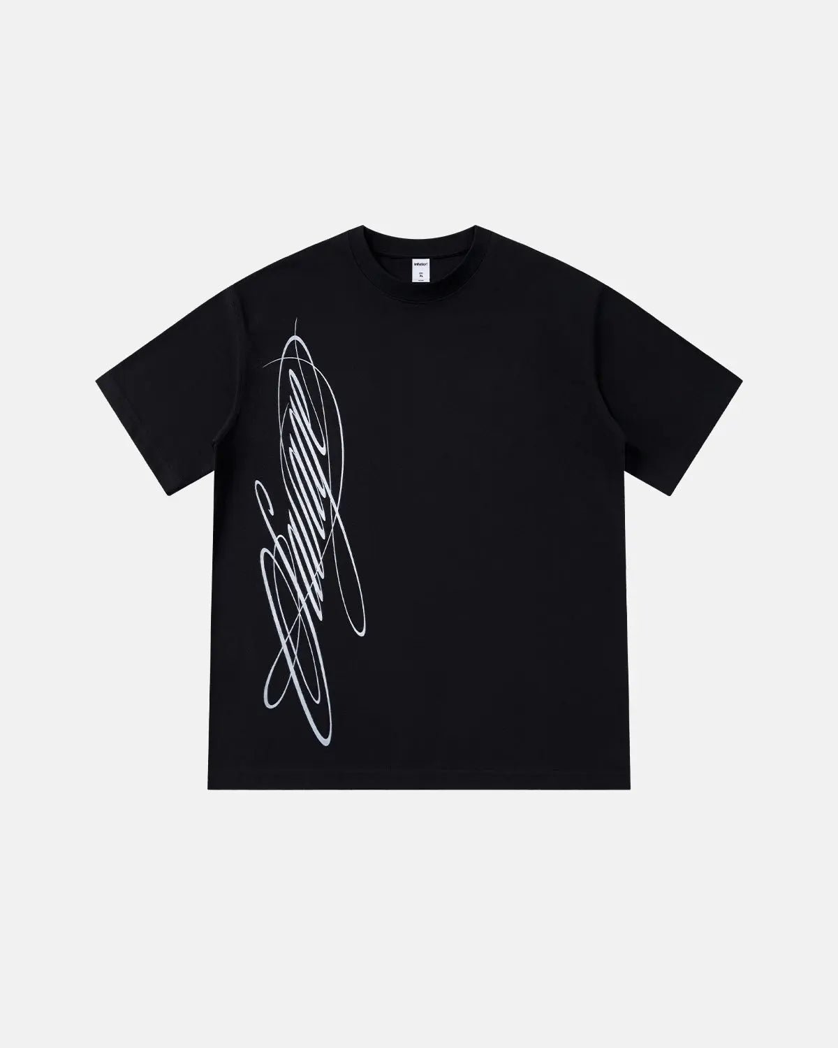 Inflation Streetwear Script Graphic Oversized T-Shirt with bold black lettering on white fabric, relaxed fit casual style.