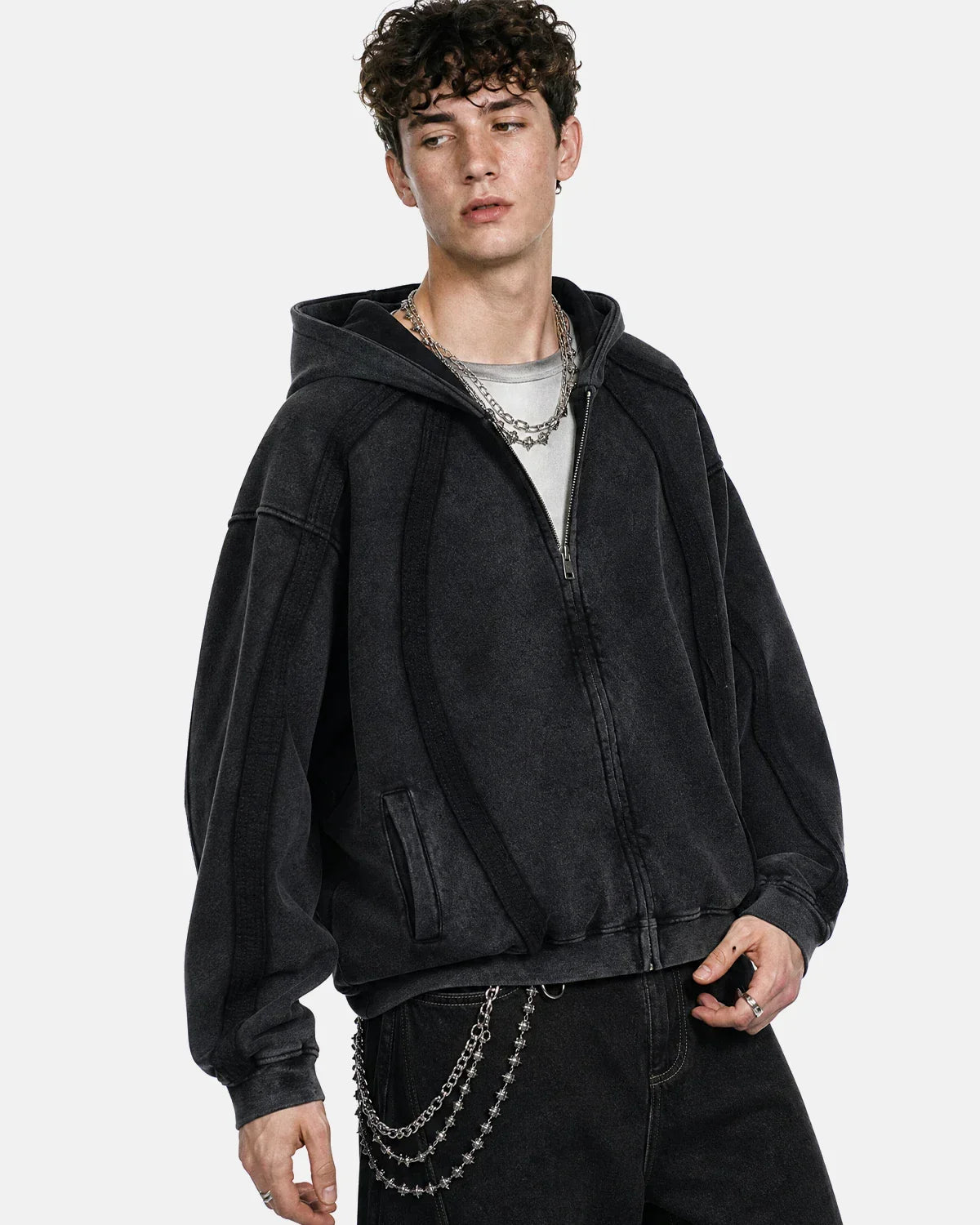 Dark grey Snow Washed Raw Edge Boxy Zip Up Hoodie by Flation Streetwear, featuring a relaxed fit and raw edge details.