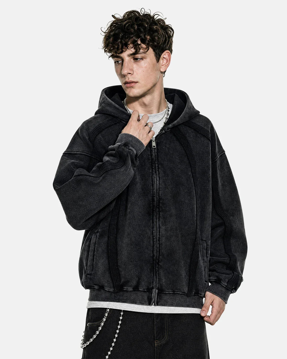 Dark grey Snow Washed Raw Edge Boxy Zip Up Hoodie by Flation Streetwear, featuring a relaxed fit and raw edge details.