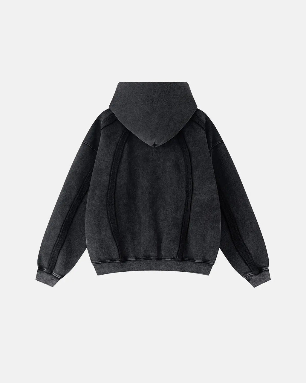 Dark grey Flation streetwear hoodie with raw edges, boxy fit, and zip-up front, featuring a snow-washed finish.