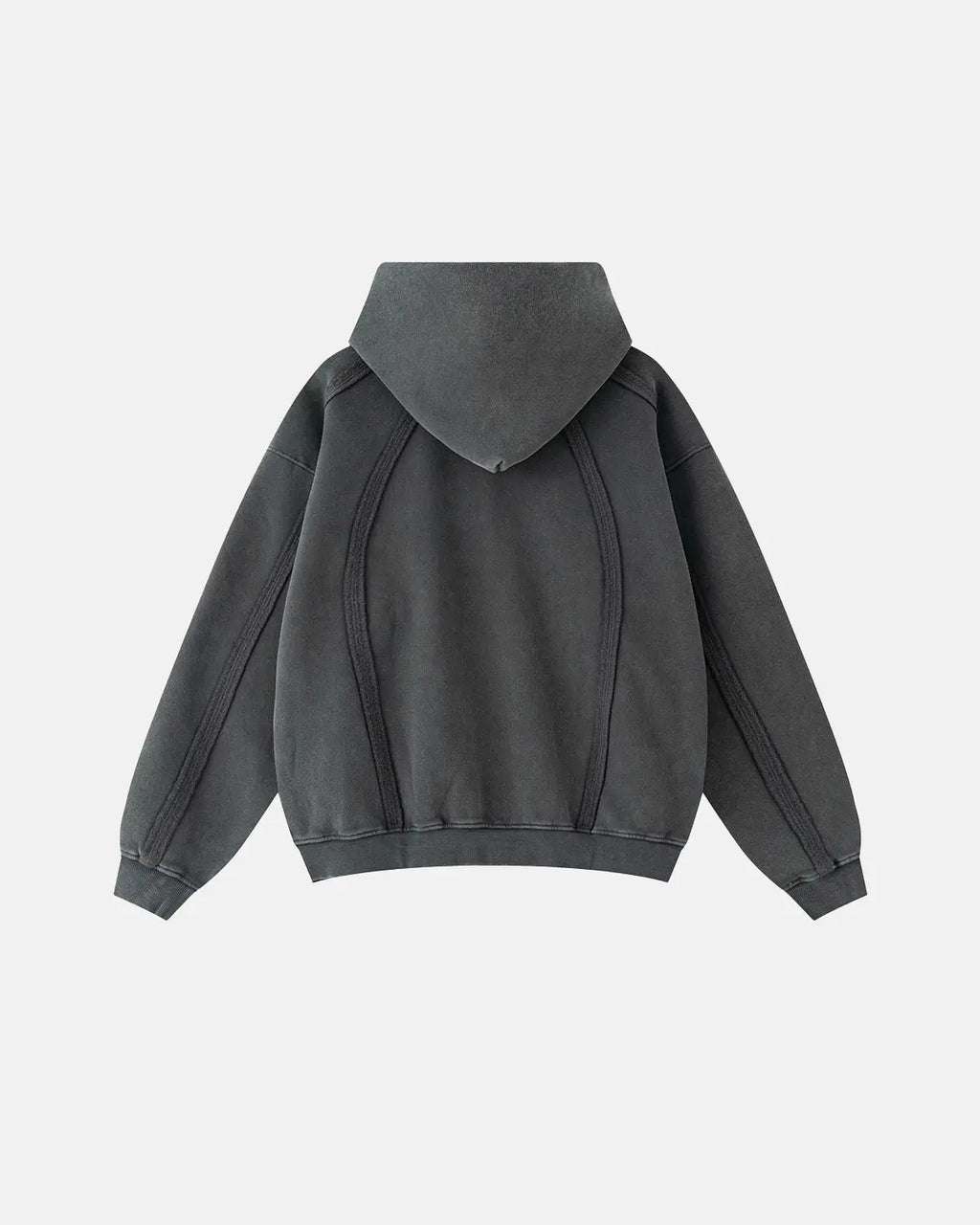 Dark grey Snow Washed Raw Edge Boxy Zip Up Hoodie by Flation Streetwear, featuring a relaxed fit and raw hem details.