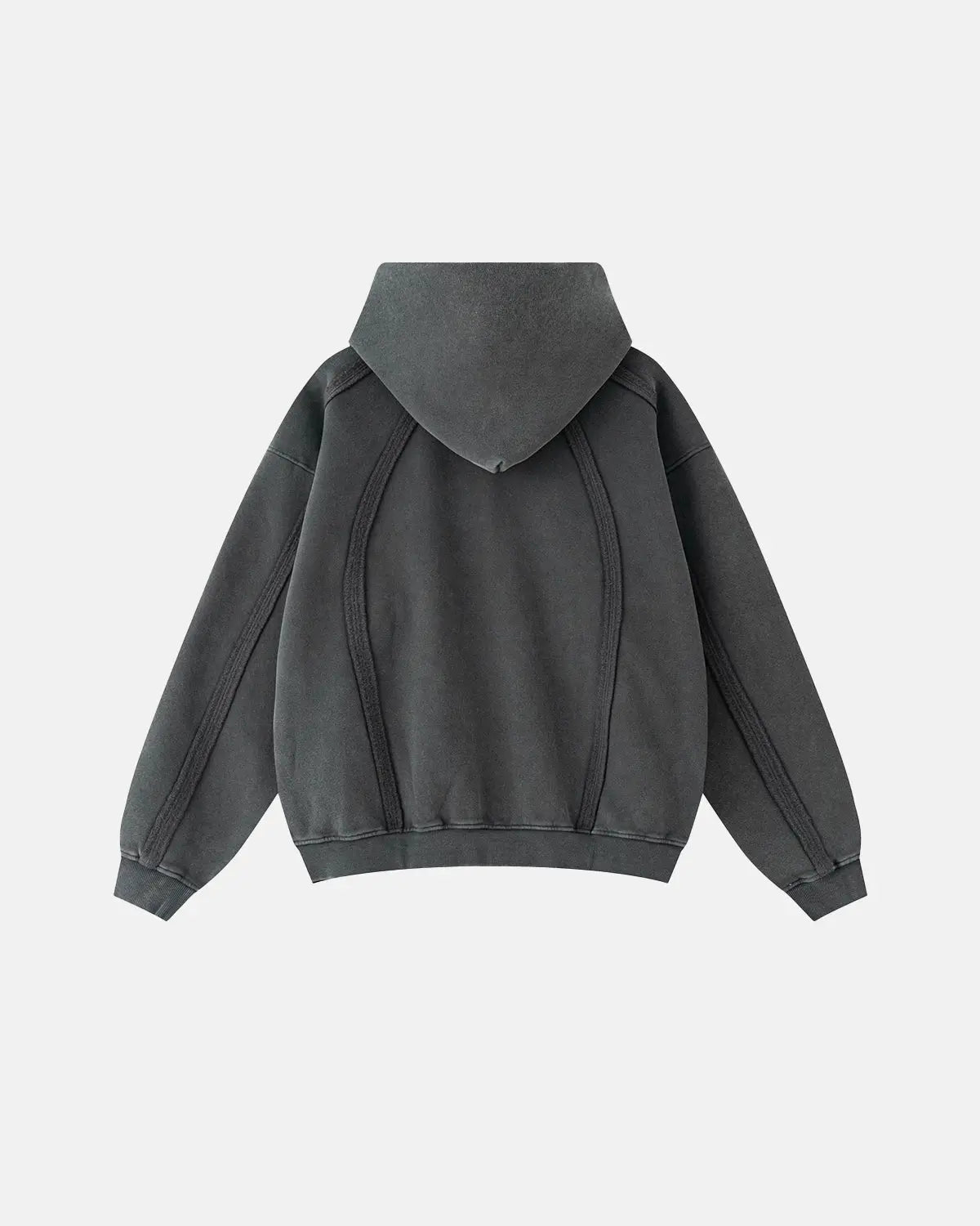Dark grey Snow Washed Raw Edge Boxy Zip Up Hoodie by Flation Streetwear, featuring a relaxed fit and raw hem details.