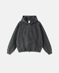 Dark grey Flation streetwear hoodie with snow-washed raw edges and a zip-up front, featuring a boxy fit and casual style.