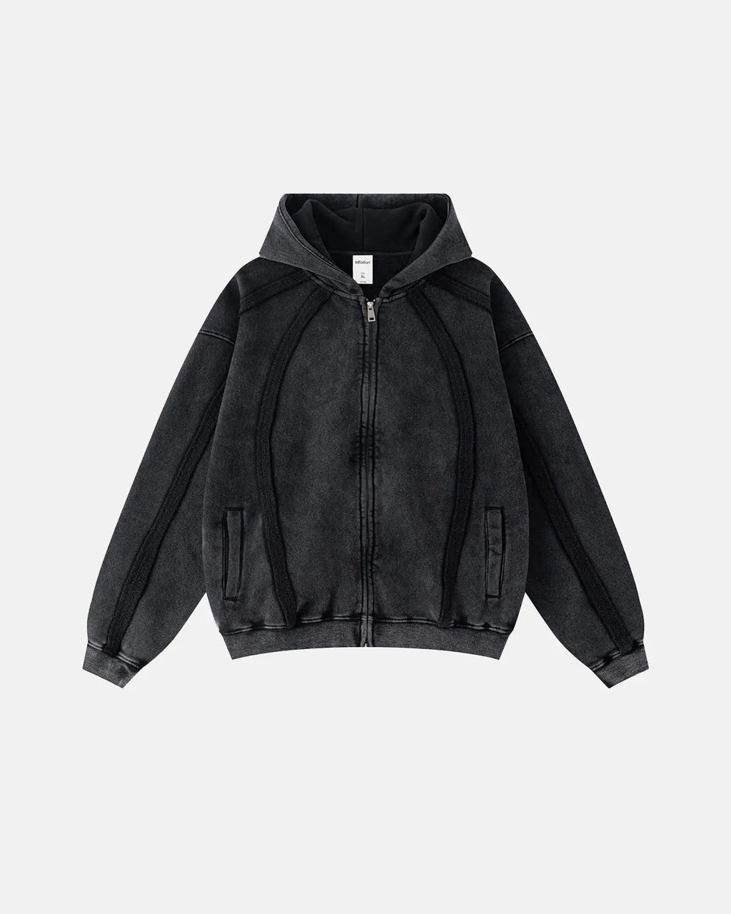 Dark grey Snow Washed Raw Edge Boxy Zip Up Hoodie by Flation Streetwear, showing the relaxed fit and raw-edged design.