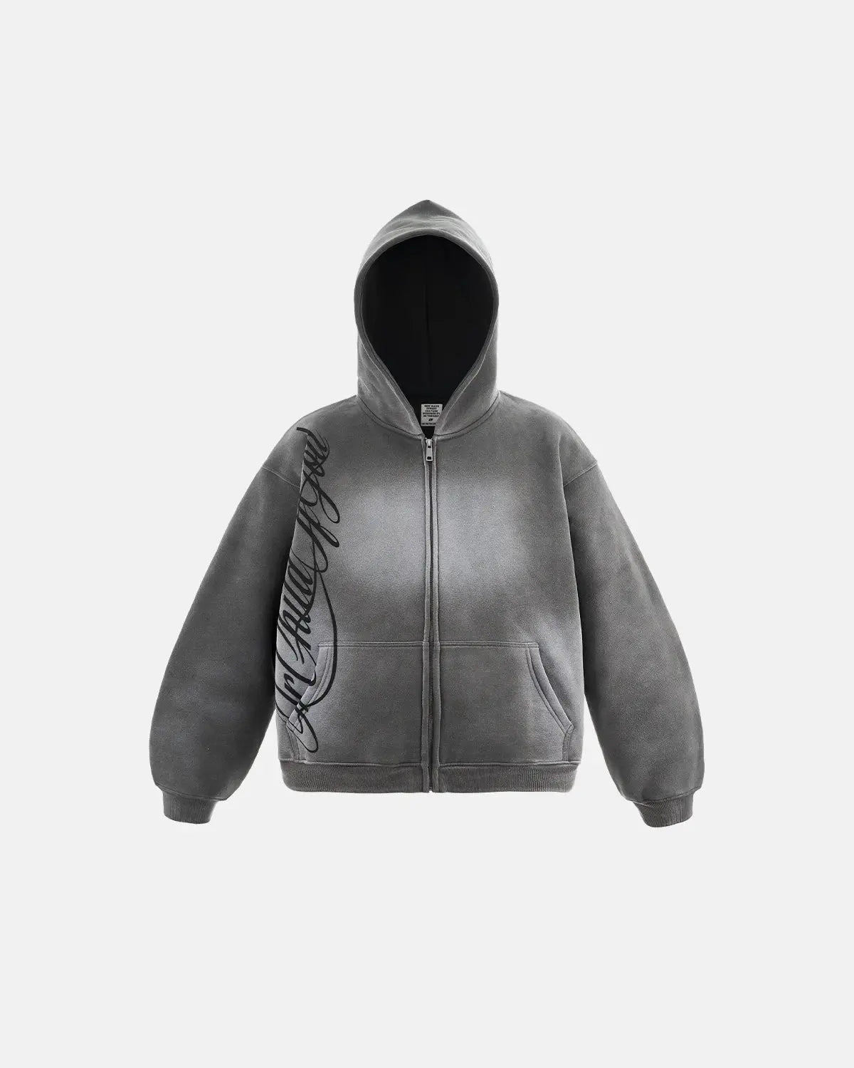 Dark grey acid wash zip-up hoodie by Flation Streetwear, featuring a casual fit and front zipper, made from comfortable fabric.