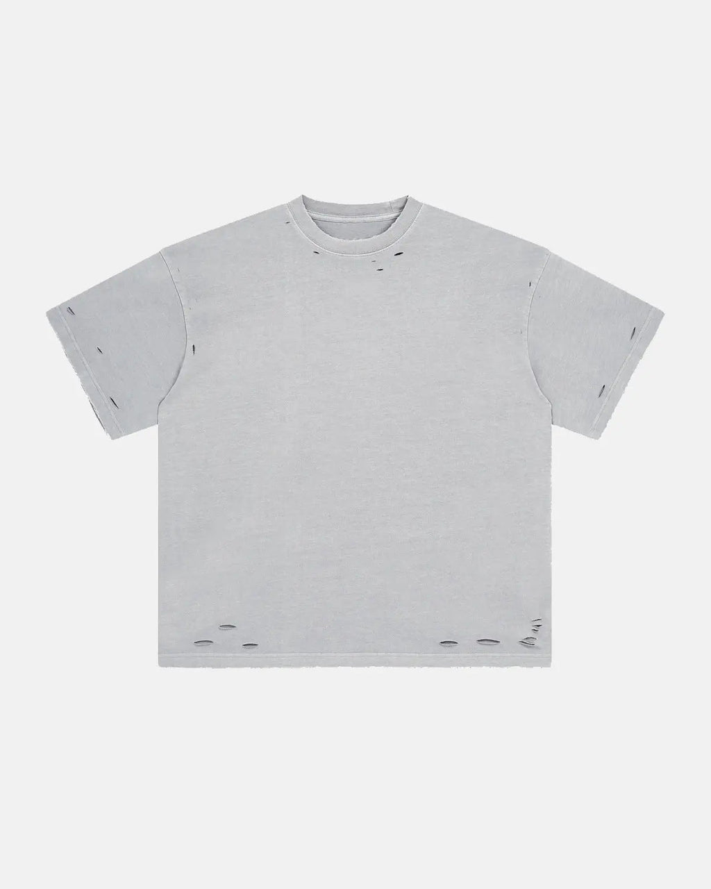Oversized white distressed T-shirt with ripped details, casual streetwear style, by INFLATION, displayed on a hanger.