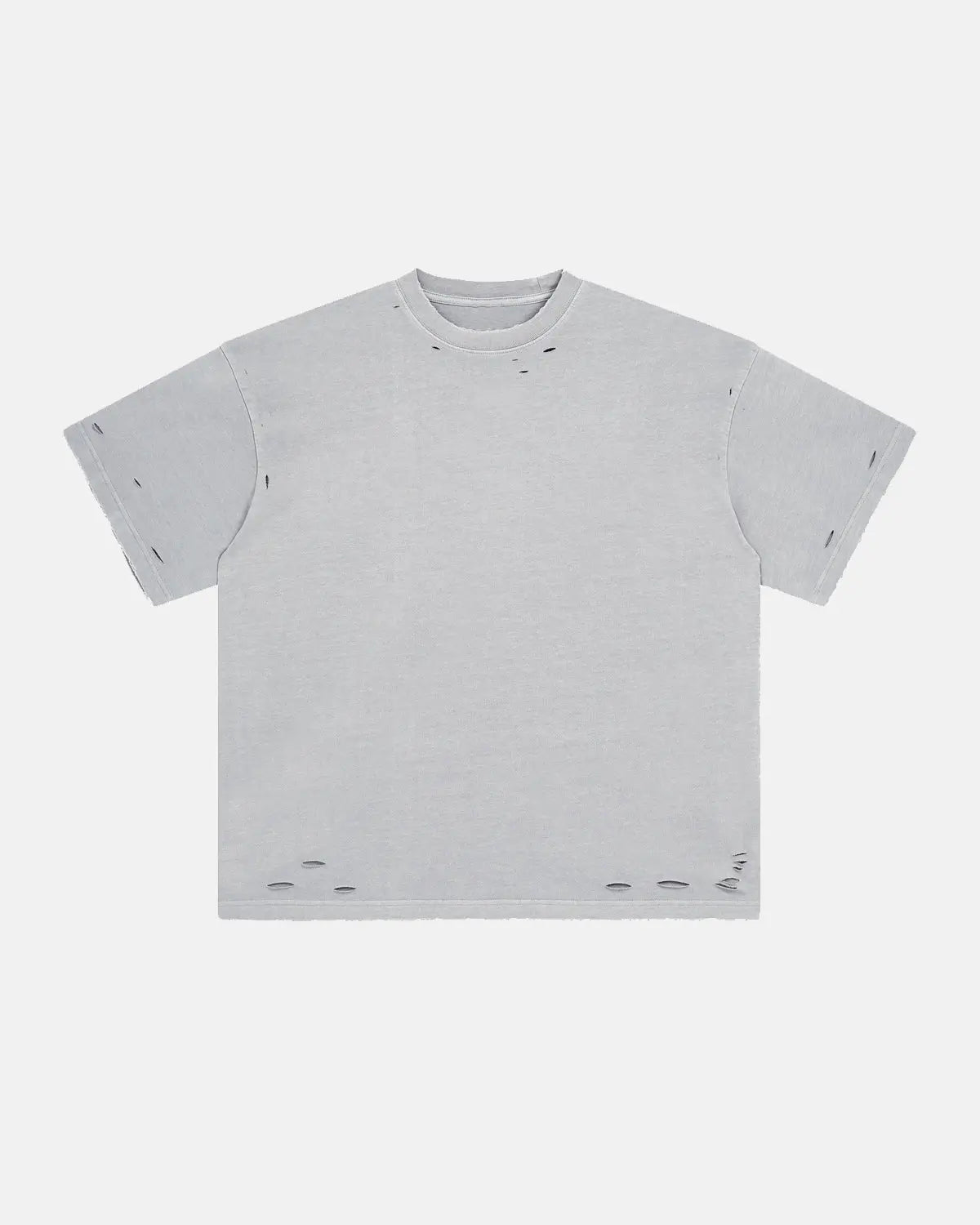 Inflation Streetwear ripped distressed washed oversized T-shirt with frayed holes and faded fabric, casual streetwear style.