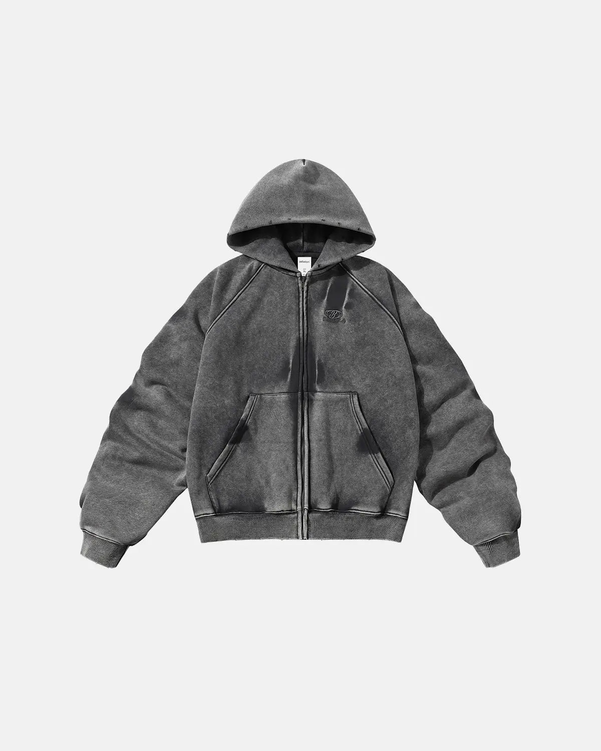 Acid washed embroidery zip-up hoodie by INFLATION Streetwear, featuring a casual fit and embroidered details on the front.