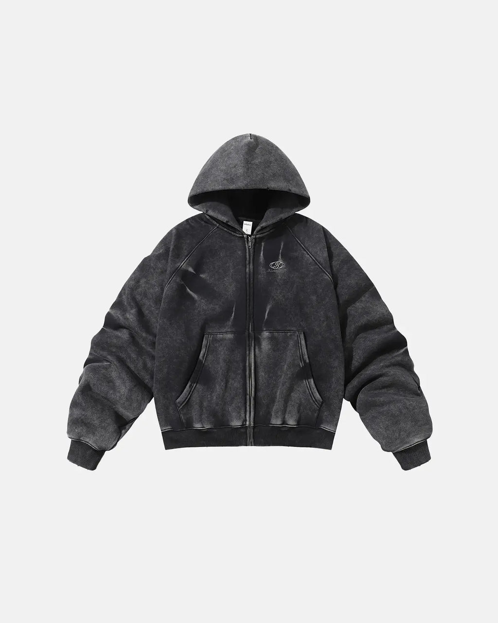 Acid washed embroidery zip-up hoodie from INFLATION Streetwear with front zipper, embroidered details, and a relaxed fit.