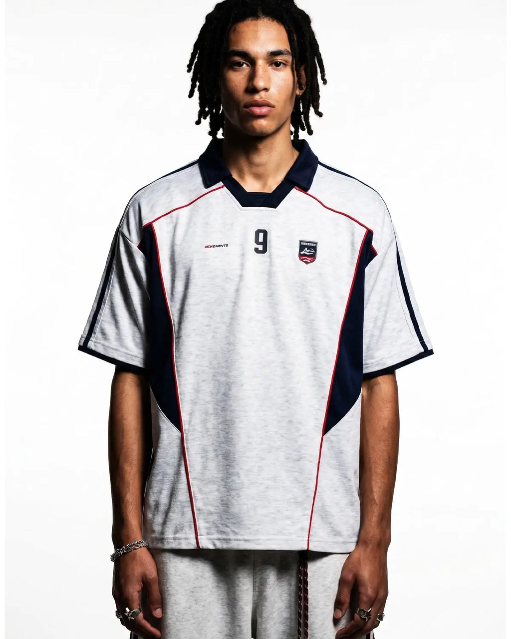 Gray Flation streetwear color block graphic jersey tee with bold design and relaxed fit.