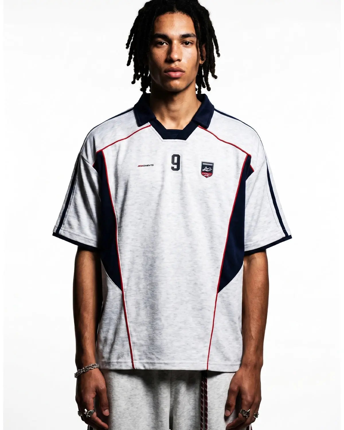 Gray Flation streetwear color block graphic jersey tee with bold design and relaxed fit.