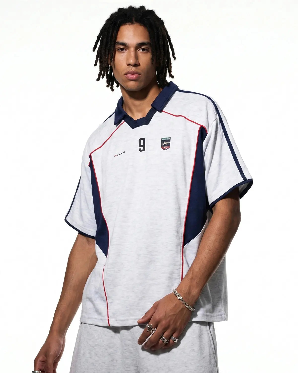 Gray Flation streetwear color block graphic jersey tee with bold design and comfortable fit.