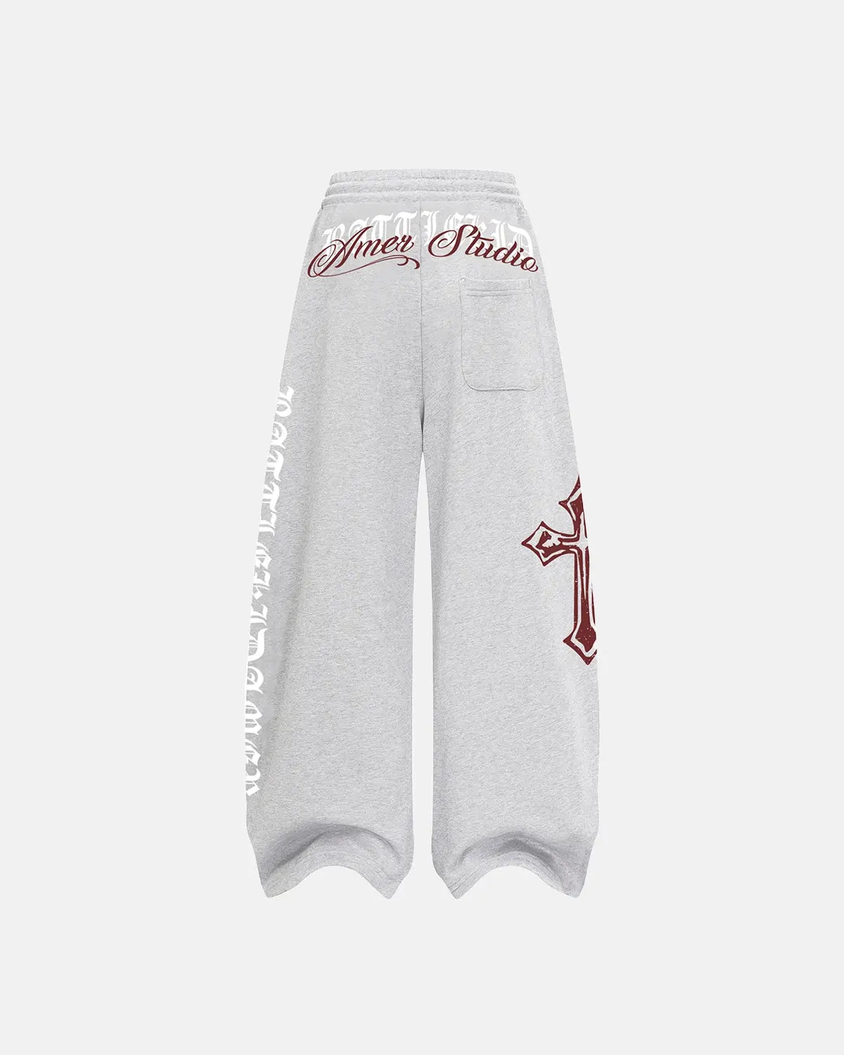 Gray Flation streetwear baggy sweatpants with black cross print, relaxed fit, and comfortable waistband for casual wear.