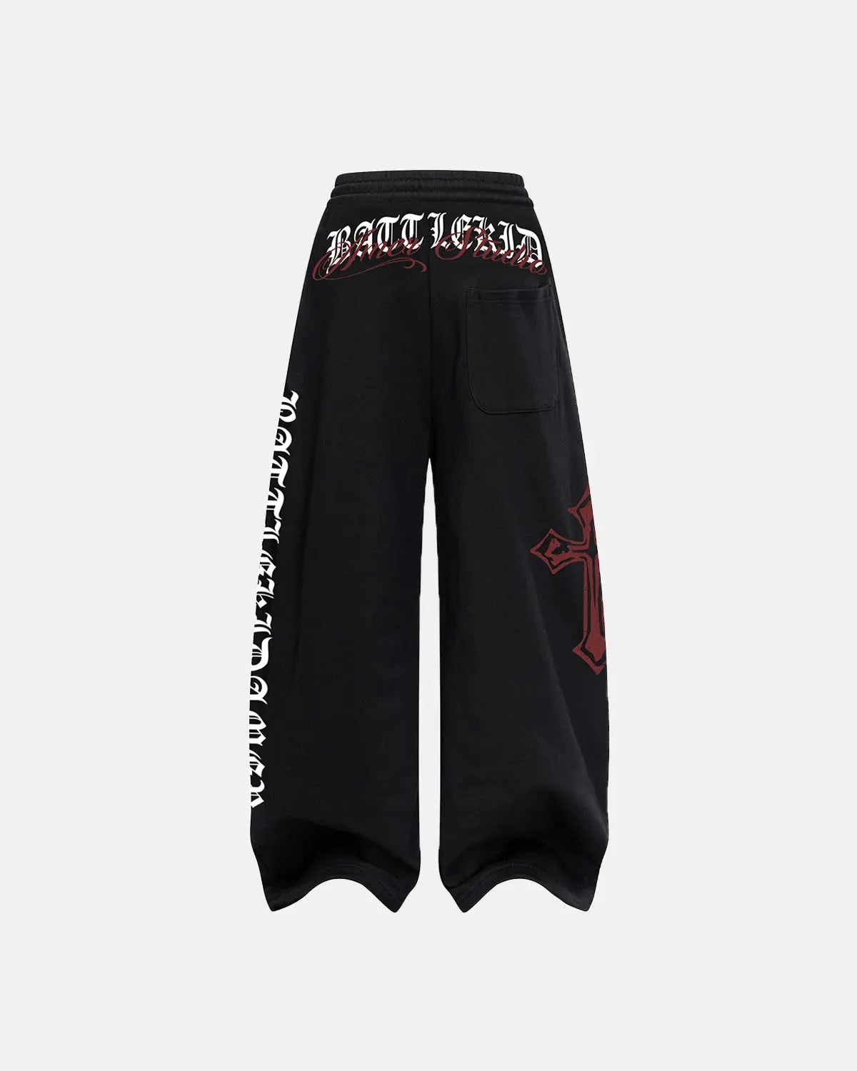Gray Flation streetwear baggy sweatpants with bold cross print, relaxed fit, and comfortable waistband.