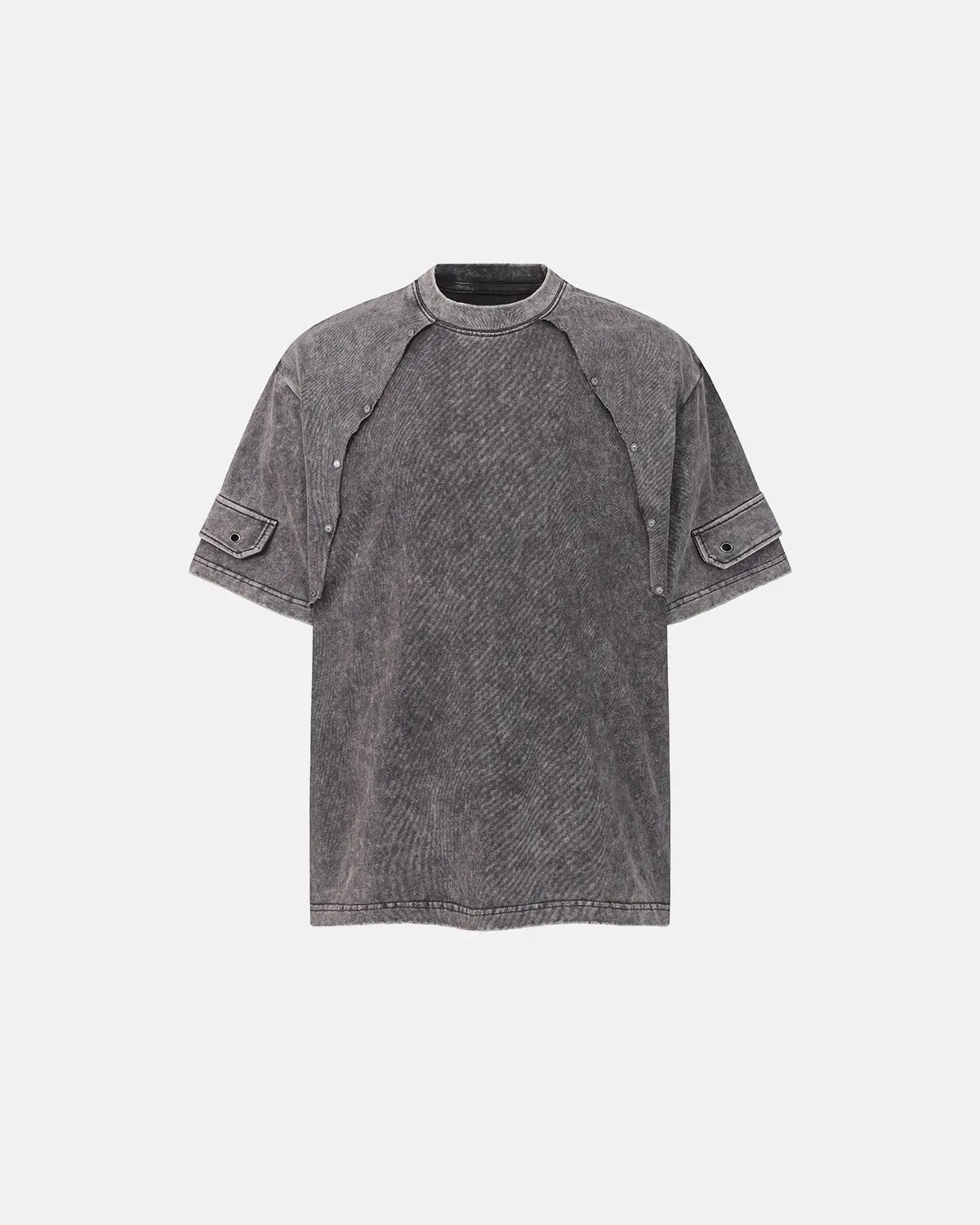 Gray deconstructed washed oversized T-shirt by Flation Streetwear, featuring relaxed fit and distressed details.