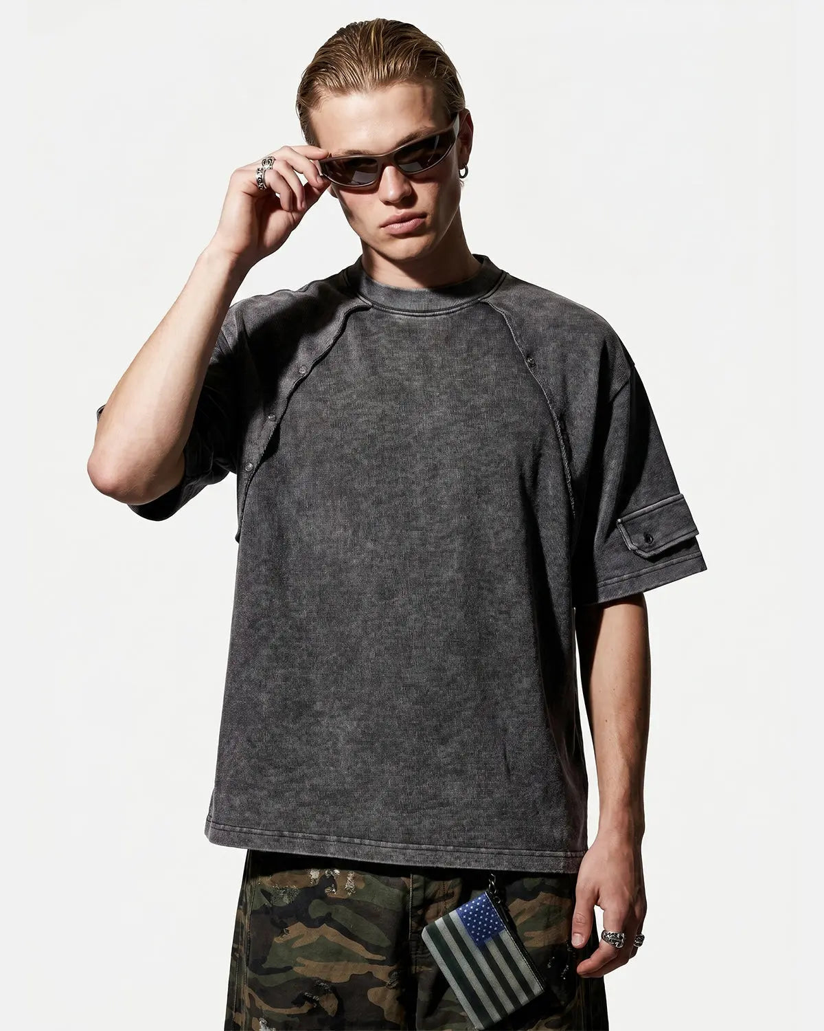Gray deconstructed washed oversized T-shirt by Flation Streetwear, featuring a relaxed fit and distressed details.