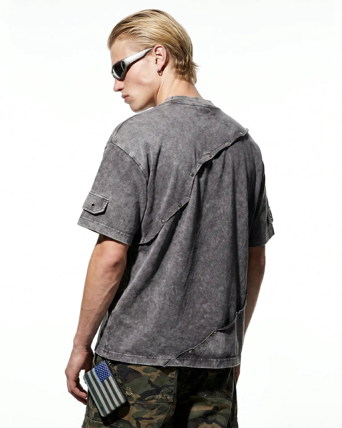 Gray deconstructed washed oversized T-shirt by Flation Streetwear, relaxed fit with distressed details and casual style.