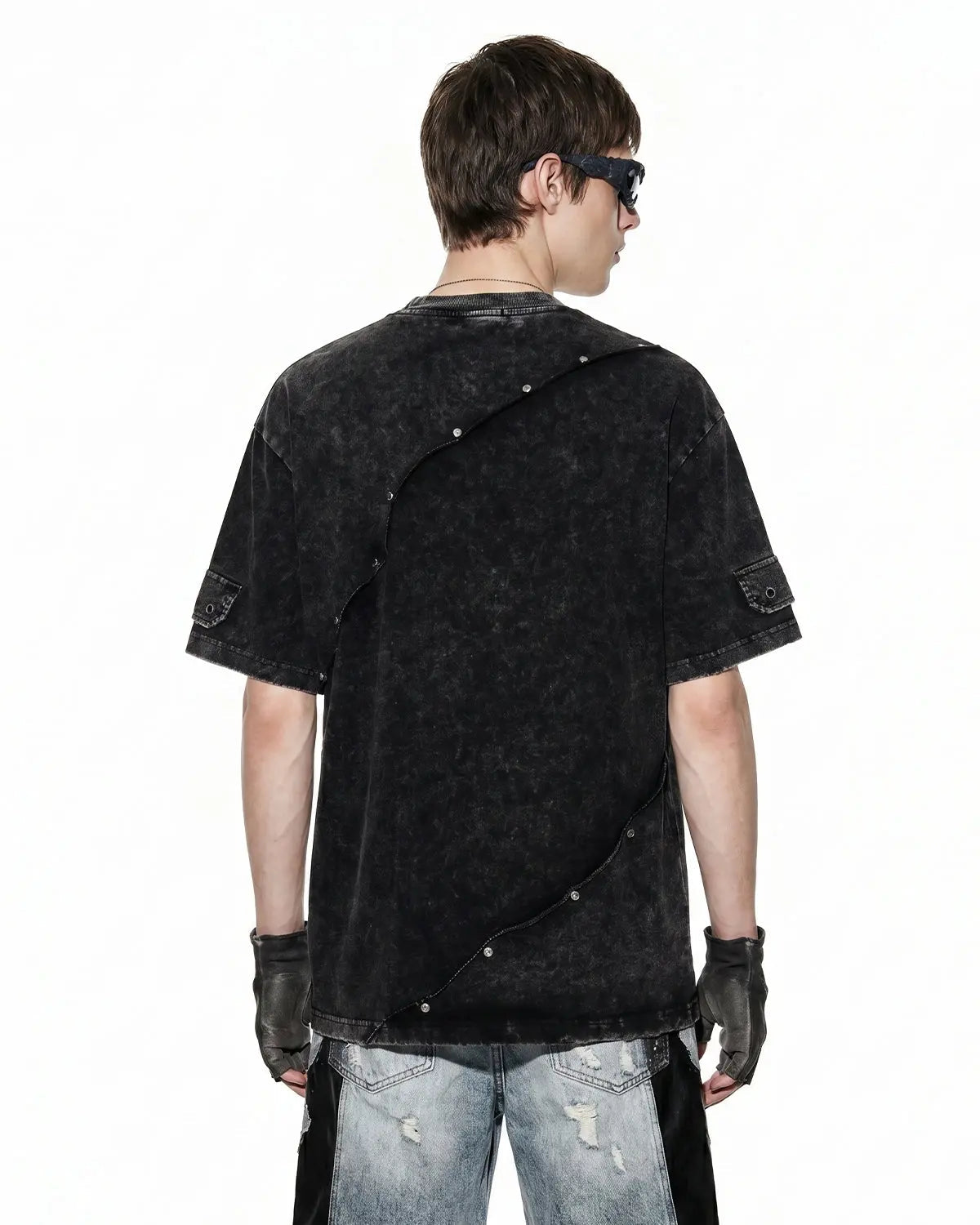 Gray deconstructed oversized T-shirt by Flation Streetwear featuring distressed details and relaxed fit.