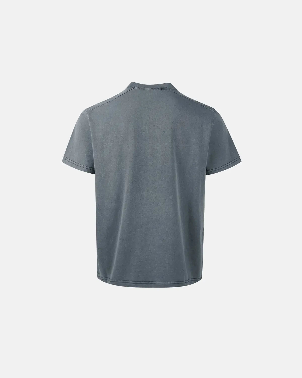 Gray distressed spray wash graphic T-shirt by Flation Streetwear featuring bold urban-inspired designs.